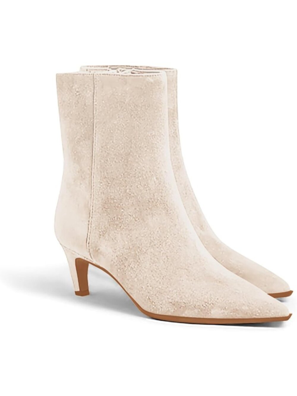 Women's Beige Suede Kitten Heel Faux Leather Pointed Toe Side Zipper Ankle Boots